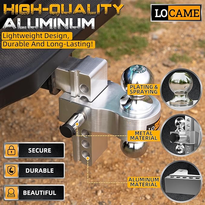 LOCAME Adjustable Trailer Hitch, Fits 2-Inch Receiver, 6-Inch Drop/Rise Aluminum Drop Hitch,12,500 LBS GTW-Tow Hitch for Heavy Duty Truck with Double Stainless Steel Locks, Silver
