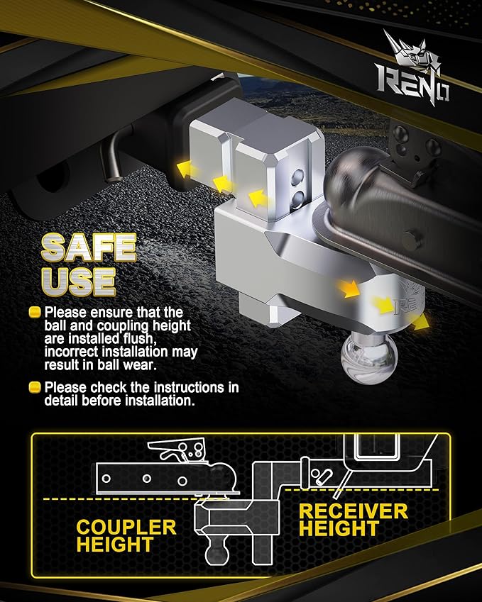 RENO Adjustable Trailer Hitch, Fits 2.5 inch Receiver Hitch 4" Rise/Drop Tow Hitch, Heavy Duty 2" & 2-5/16" Ball Hitches with 18,500 LBS GTW (1 Pack, Aluminum)