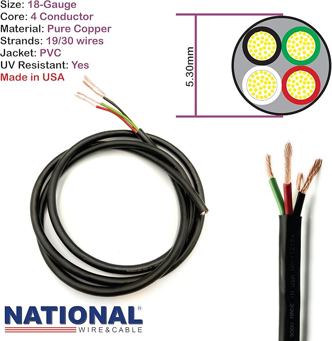 NATIONAL Wire & Cable – 18 AWG 4-Conductor Premium Copper Wire, 100 ft, Stranded | Made in USA, Flexible Jacket | LED Strips, Electronics, Low Voltage, DIY Projects, Indoor and Outdoor Use