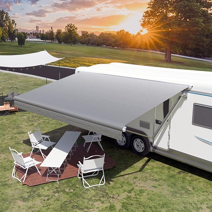 RV Awning Fabric Replacement,Camper Trailer Motorized Awning Replacement for Motorhome,Heavy Duty Weatherproof 18.5oz Outdoor Vinyl RV Canopy 19'(Fabric 18'2") Grey Fade