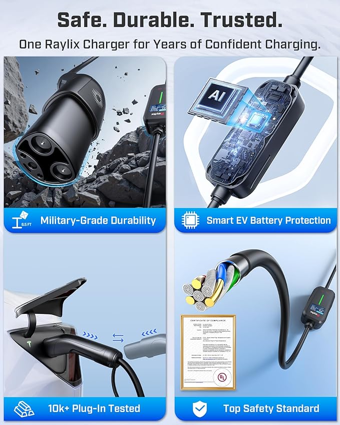 2025 Upgraded Level 1&2 Tesla Mobile Charger, 8-16Amp Adjustable Current & Timer, 110V–240V, NEMA 5-15 & 6-20 Plug, 21ft Tesla Charging Cable, Mobile Connector for Tesla Model Y/3/X/S/Cybertruc