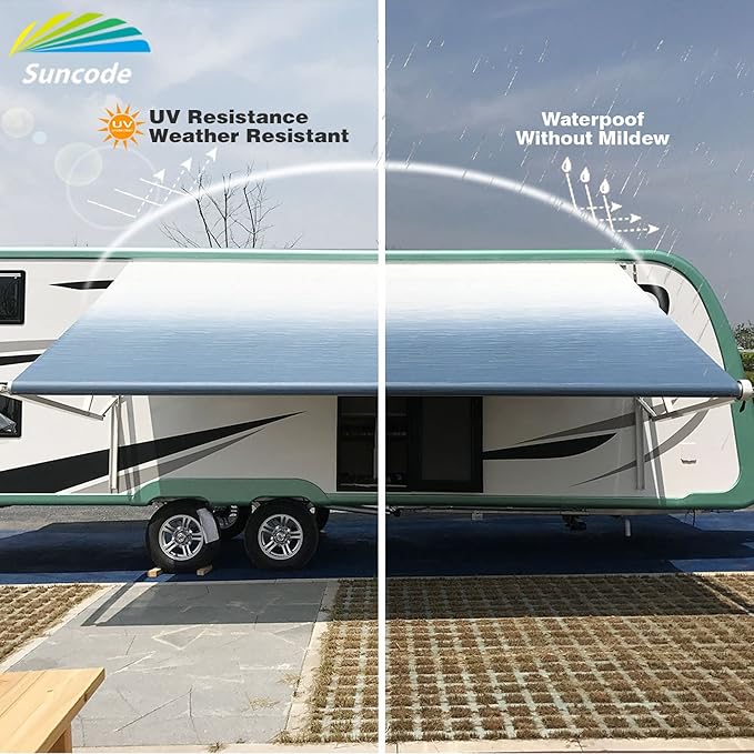 Suncode White Motorized RV Awning Modular Retractable RV Awning Complete Kit for RV,5th Wheel,Travel Trailers,Toy Haulers,and Motorhome RV Trailer Awning for Home or Camper-19x8Ft-Black Fade