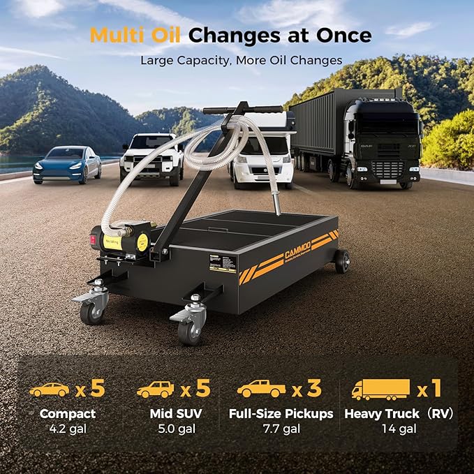 25 Gal Electric Oil Drain Pan, 110V High-Flow Pump, 9.8 FT Hose, 200 W Motor, 2 Locking Swivel Casters and 2 Directional Wheels Stable, Folding Handle, Heavy-Duty for Trucks, RVs, SUVs, Black