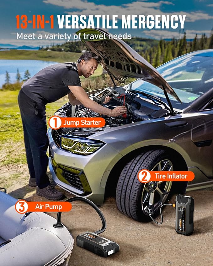 NOVSIGHT Jump Starter With Air Compressor - 6000A 13-in-1 Portable Jump Box for Car Battery, 12V Jump Starter Power Pack(ALL Gas/10L Diesel) 150PSI Auto-Shut Tire Inflator & Air Inflator/Deflator Pump