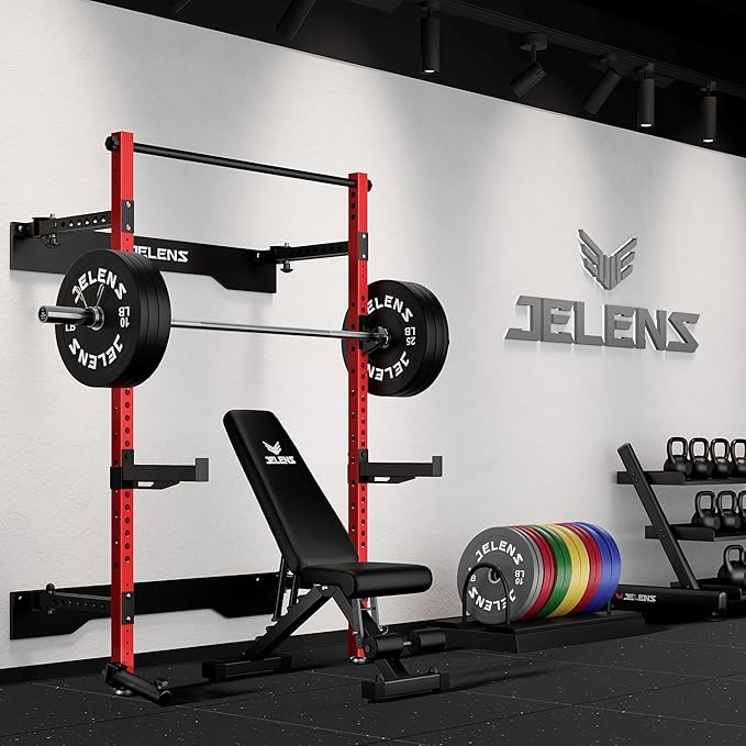 Folding Squat Rack, Wall Mounted Power Rack for Home Gym, Space Saving Multi-Functional Power Cage with Attachments