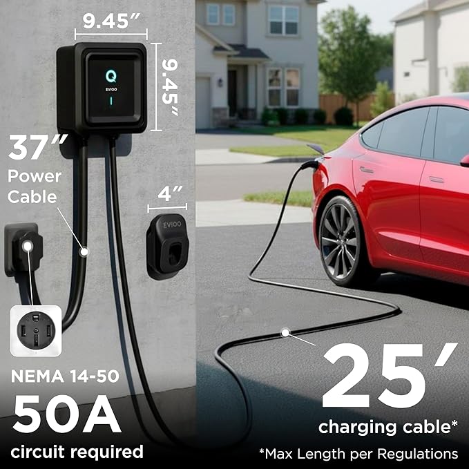 EVIQO Level 2 EV Charger - NACS Charger Compatible with Tesla - 40 Amp EV Level 2 w/NACS, 240V NEMA 14-50 EVSE, 25' EV Charging Cable