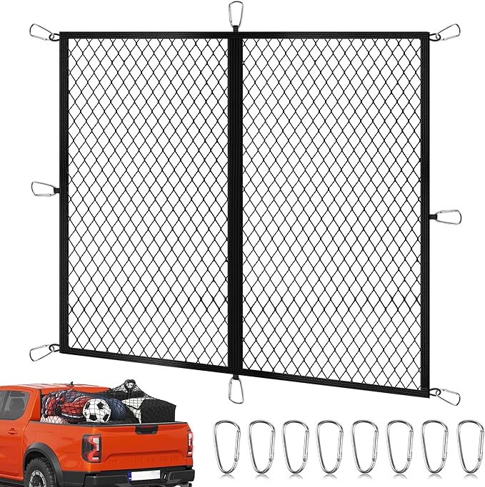 Cargo Net for Pickup Truck Bed 4'×4' Stretches to 7'×7', Highly Elastic Truck Bed Net with Fine Mesh & 8 Strong Metal Carabiners, Easy to Install Cargo Netting for Vehicles, Trailers, Boats