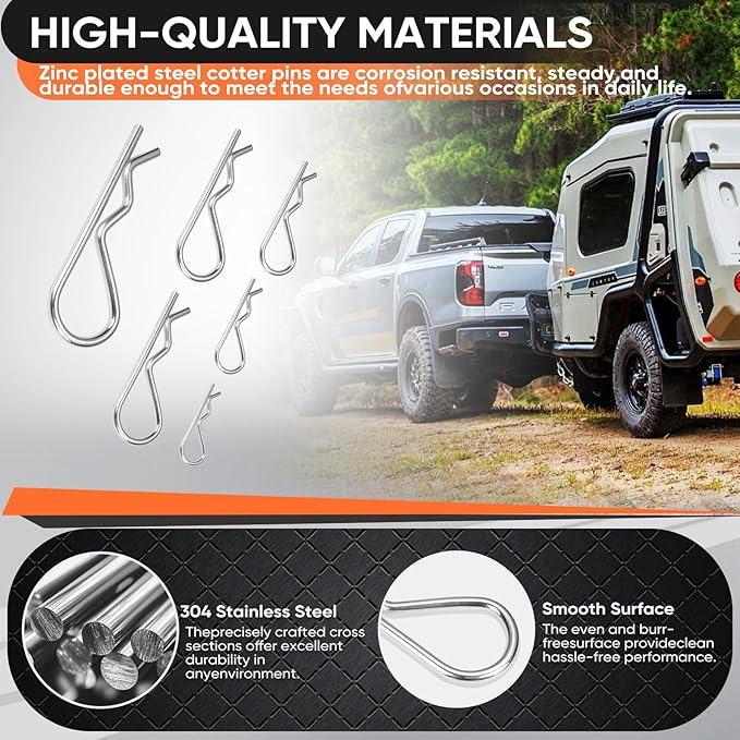 80Pcs Hitch Pin,6 Sizes Hardware Cotter Pins Clip Assortment Kit - 304 Stainless Steel R Hairpin Cotter Fastener Clip Suitable for Truck and Engine Maintenance, Hanging Needle Lock System