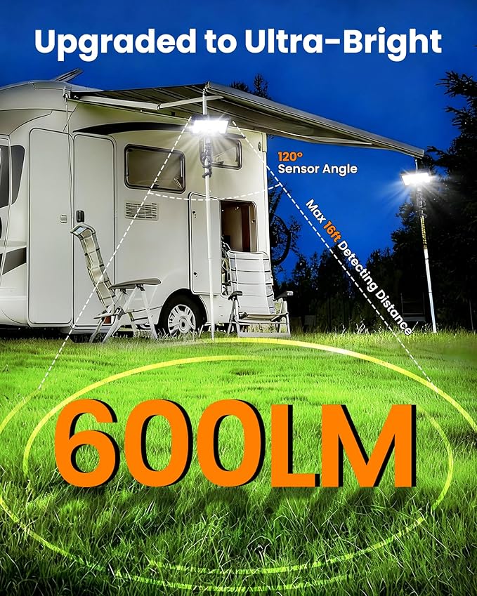 LUHLEE Solar Motion Lights Outdoor, 600LM RV Outdoor Lights with Flexible Tripod,USB & Solar Dual Charging, Motion Sensor RV Exterior Llight for Camper, Motorhome, Trailer, Camping Tent (1 Pack)