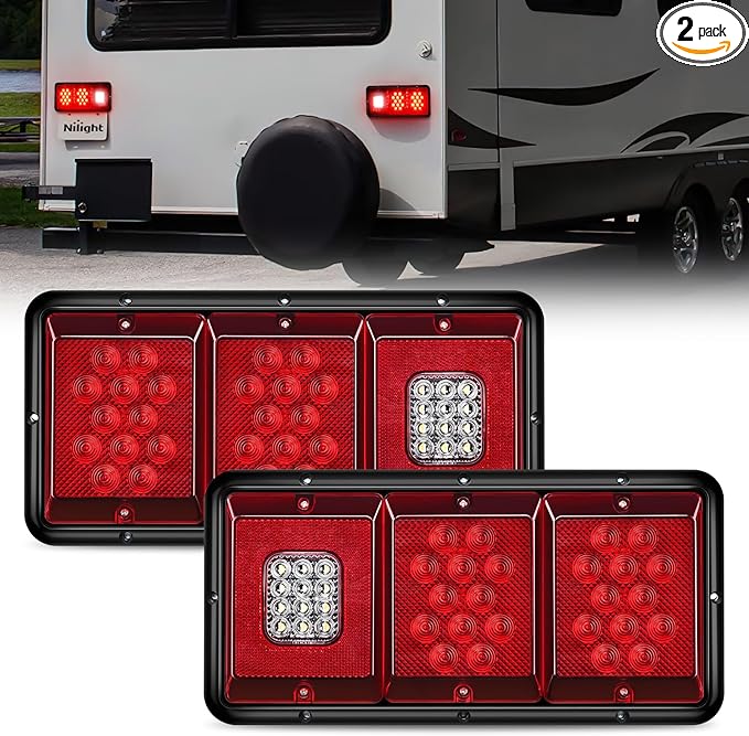 Nilight LED Triple Tail Light 2PCS Rectangle Red Stop Brake Turn Signals White Reverse Back Up Lights Surface Mount Waterproof Trailer Camper Van RV Caravan Taillights