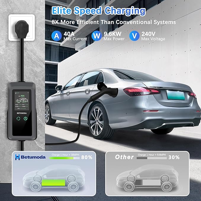 Portable Level 1&2 EV Charger, 40 A, 110V-240V, NEMA14-50 Plugand NEMA 5-15 Adapter, 25ft Cable, Adjustable Current, Delay Timer, Compatible with All J1772 Electric Cars(Tesla Need Adapter)