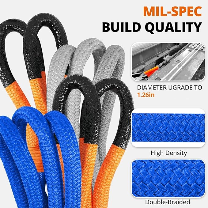 Kinetic Recovery Tow Rope: 1.26" x 30ft Snatch Strap with Soft Shackles Heavy Duty Offroad Towing Straps Kit for Trucks SUV UTV ATV Tractor Car Jeep - Blue