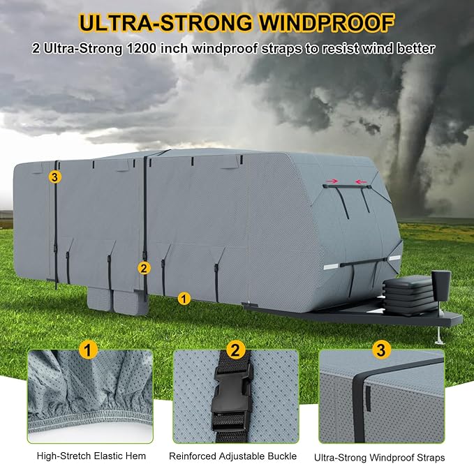 RV Cover 22-24ft, Travel Trailer Heavy Duty Extra-Thick 8 Layers Anti-UV Waterproof Windproof Camper Cover with Tongue Jack Cover, Extra Windproof Ropes, Gutter Covers