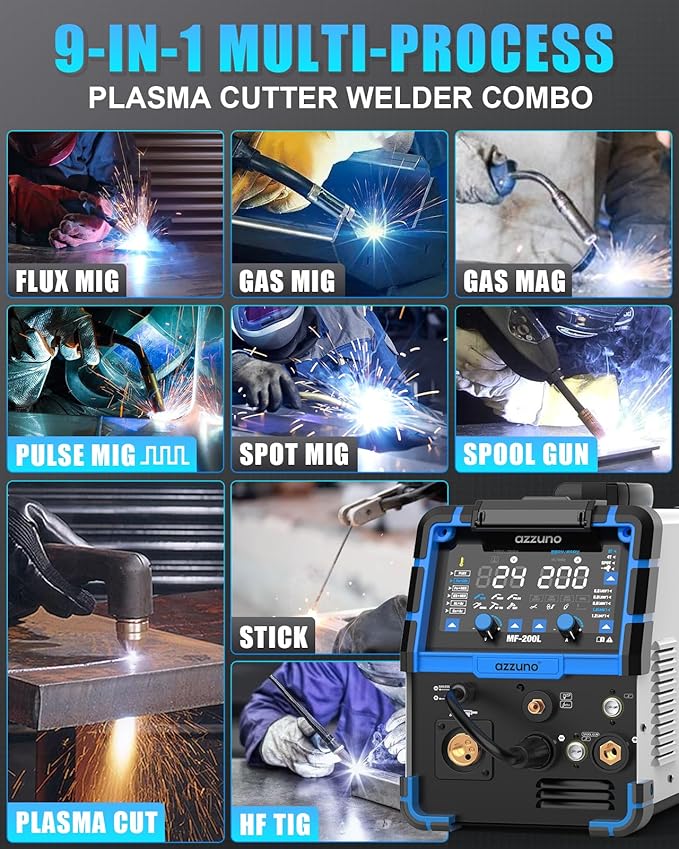 AZZUNO 200A Plasma Cutter Welder Combo, 9 in 1 Multiprocess Welder Machine Gas MIG/PULSE MIG/MAG/Flux Gasless MIG/Spool Gun Compatible/HF TIG/Stick/CUT/SPOT MIG, 110/220V Aluminum MIG Welding Machine