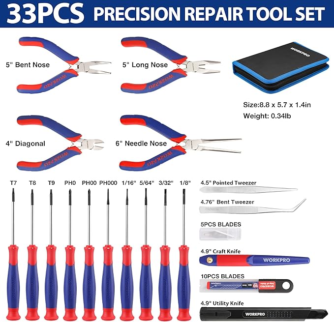 WORKPRO 33PCS Precision Repair Tool Set Includes Pliers Set, Screwdrivers Set, Craft & Utility Knife, Tweezers, Electronic Repair Tool Kit with Pouch for Laptops, Phones, Computer & Gaming Accessories