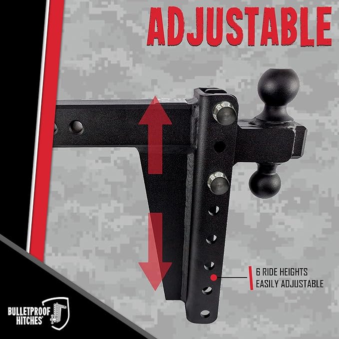 BulletProof Hitches - 2.5" Adjustable Heavy Duty Trailer Hitch (22,000 lb. Rating) - 10" Drop/Rise Trailer Hitch with 2" & 2-5/16" Dual Ball - Powder Coat, Solid Steel, Corrosion-Resistant
