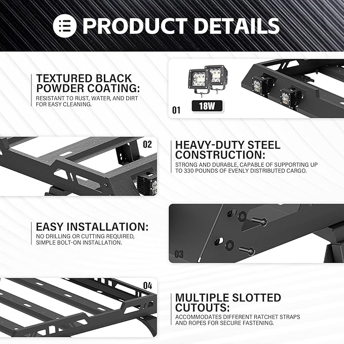 for JK JKU Hard Top Roof Rack Cargo Basket with Ladder & LED Light Bars Compatible with 2007-2018 Jeep Wrangler JK JKU 4 Door Hardtop, Cargo Carrier Rooftop Luggage Storage Holder