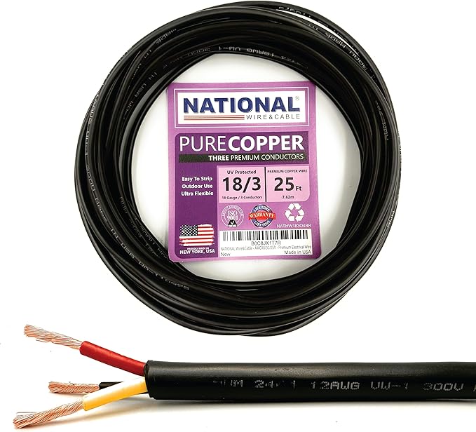 NATIONAL Wire & Cable – 18 AWG 3-Conductor Premium Copper Wire, 25 ft, Stranded | Made in USA, Flexible Jacket | LED Strips, Electronics, Low Voltage, DIY Projects, Indoor and Outdoor Use