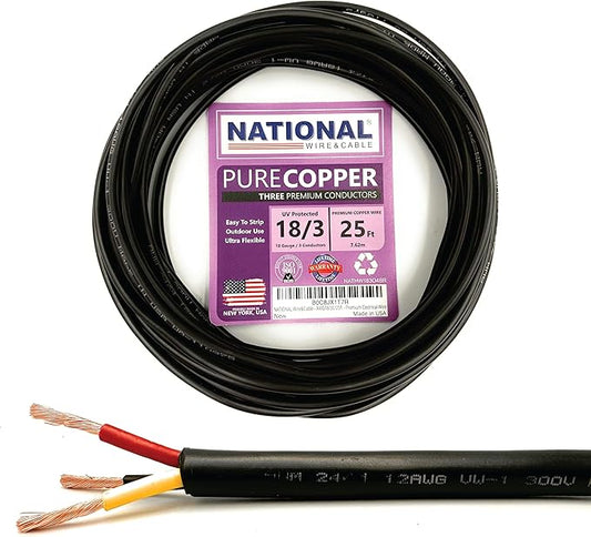 NATIONAL Wire & Cable – 18 AWG 3-Conductor Premium Copper Wire, 25 ft, Stranded | Made in USA, Flexible Jacket | LED Strips, Electronics, Low Voltage, DIY Projects, Indoor and Outdoor Use
