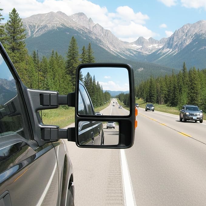 DWVO Power Heated Towing Mirrors for 1999-2007 Ford F-250, F-350, F-450 Super Duty and 2001-2005 Excursion, Amber Turn Signal, Extendable, Foldable Tow Side Mirrors, Pickup Accessories, Black