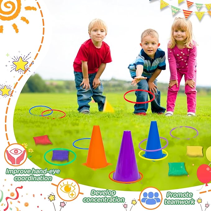 Carnival Outdoor Games Combo Set for Kids, Soft Plastic Cones Bean Bags Ring Toss Game, Activity Agility Set,Field Day Family Reunion Yard Lawn, Birthday Party Easter, Spring Fall Game