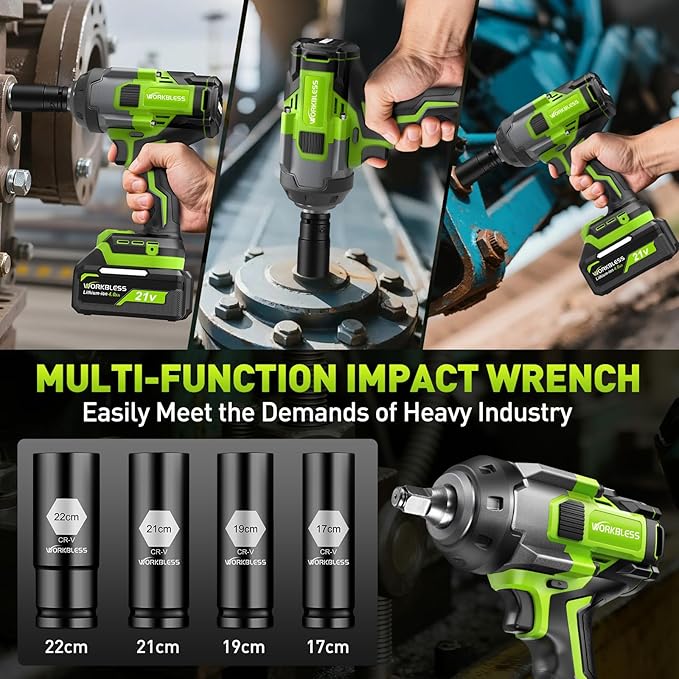 Cordless Impact Wrench 1/2 Inch: Max 1500Nm (1100Ft-lbs) 1/2 Impact Gun - 20V 4Ah Battery, 3-Speed, 4 Sockets, LED Light, Variable Speed Impact Driver for Car Tire, Mower Lug Nut