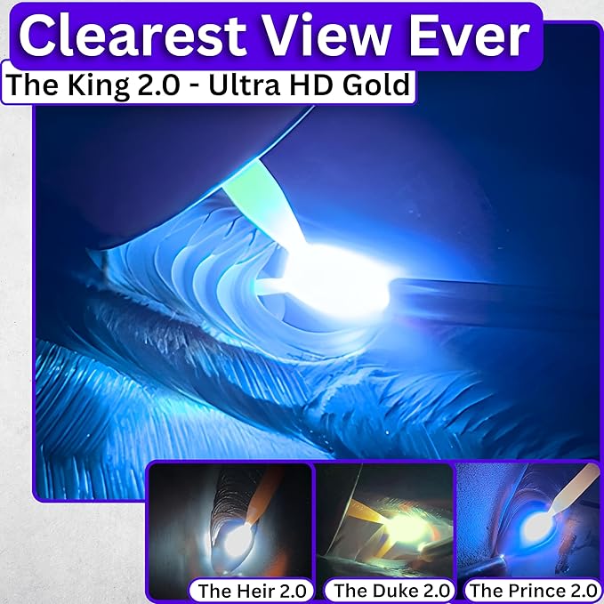 The King Single 2.0 | Shade 10 Gold Auto Darkening Welding Lens | 20A TIG Rating - No Flashing | 2" X 4.25" X 0.2" | Gold Welding Lens - Blue Puddle | Ridge Products Royal Series 2.0