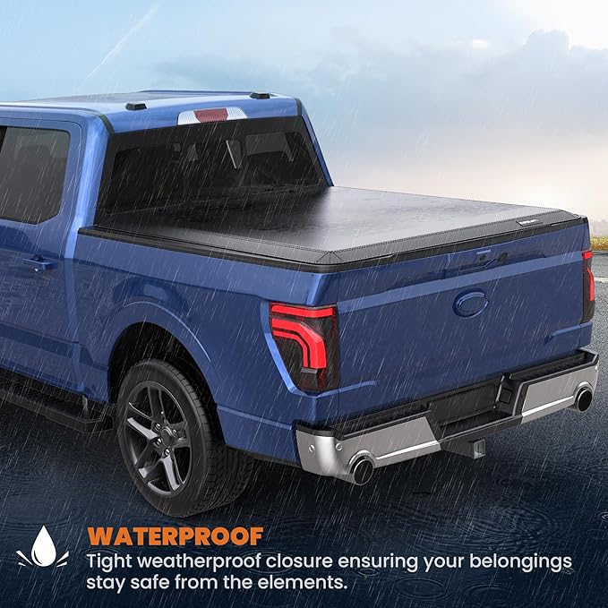 Quad 4-Flip 5.5FT Soft Flip Truck Bed Tonneau Cover On Top Compatible with 2015-2025 Ford F150 F-150 Bed Fourth Flip Styleside Truck Bed Cover w/LED Light Strip