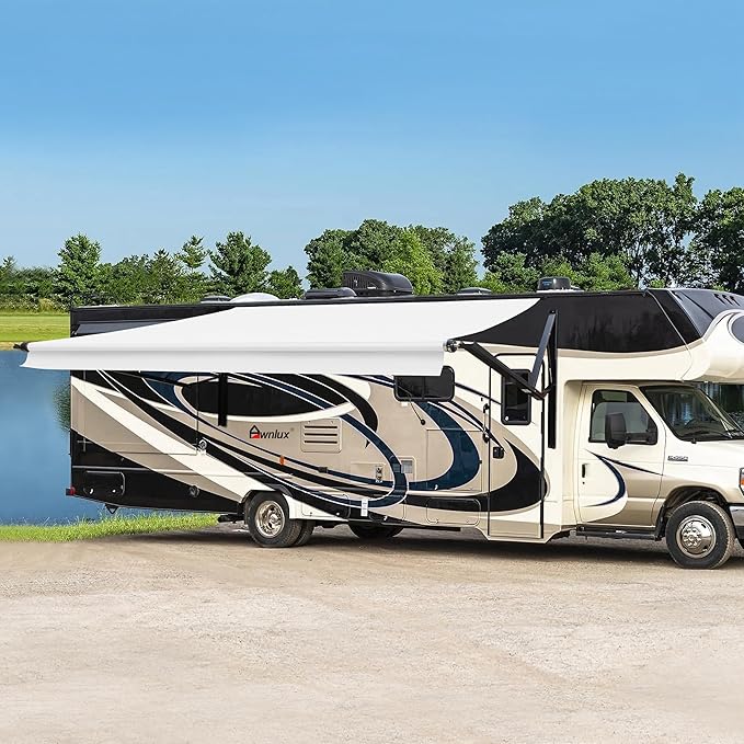 Awnlux Black Motorized Modular Retractable RV Awning Full Set Assemblies for RV, 5th Wheel, Travel Trailers, Toy Haulers, and Motorhome - RV Trailer Awning for Home or Camper - 16x8 Ft - Solid White