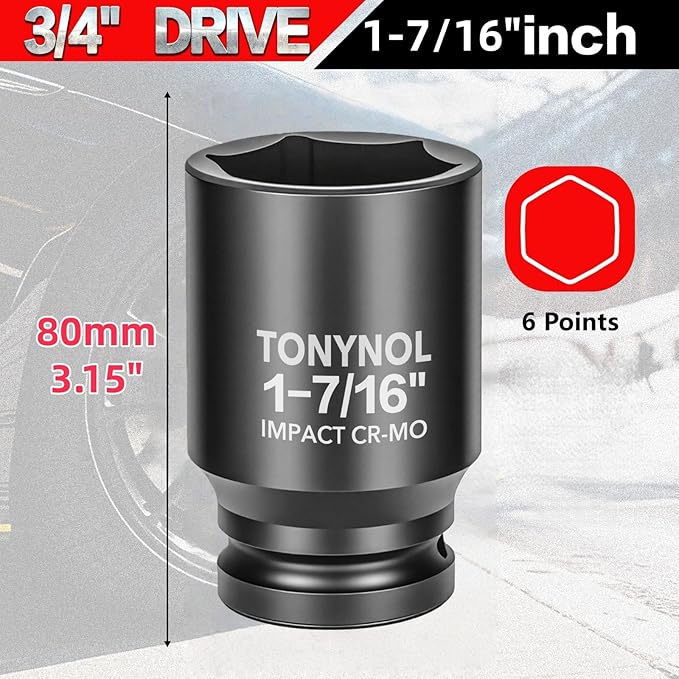 3/4" Inch Drive Deep Impact Socket,6-Point,SAE 1-7/16",80mmL,CR-MO,Heavy-Duty Automotive & Industrial Repair