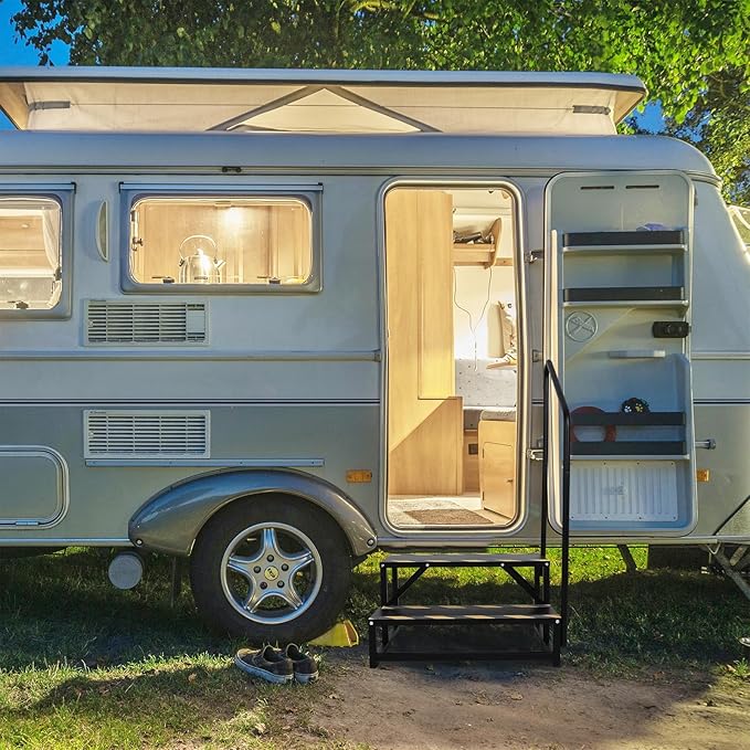 Assist Handrail for 2 and 3 RV Step Stairs,Hot Tub Steps with Handrail,Portable Step Ladder for Travel Trailer,Camper,Porch,Pet Stair,Outdoor Stairs with Non-Skid Tapes