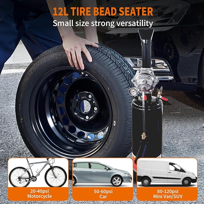 Tire Bead Seater, 12L/3.2 Gallon Air Trigger Seating Inflator, 145 PSI Portable Tire Inflator Tool, 87-116 PSI Operating Pressure for Tractor Truck ATV Car and Automobile Repair