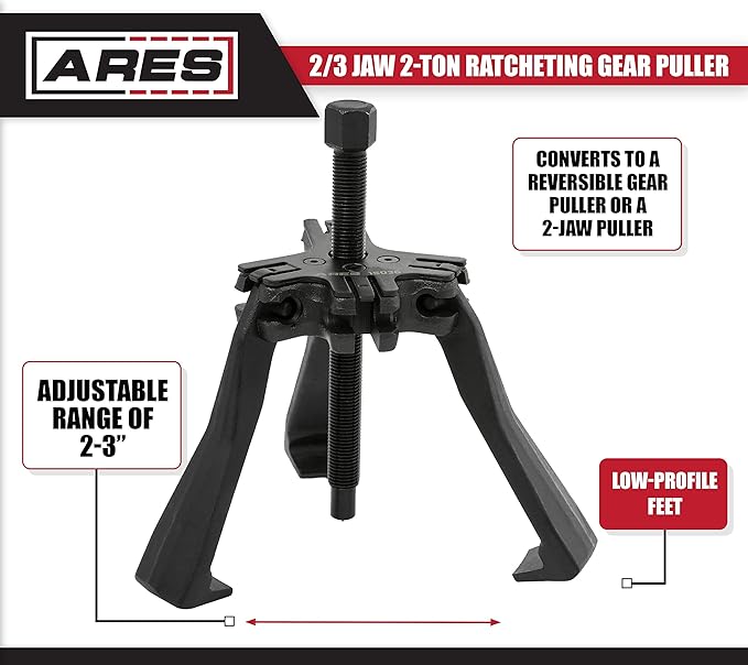 ARES 15036 - Reversible 2/3 Jaw 2-Ton Ratcheting Gear Puller - Chrome Moly Steel Construction - 2-Inch to 3-Inch Adjustable Range - Removes Gears, Pulleys, and Flywheels