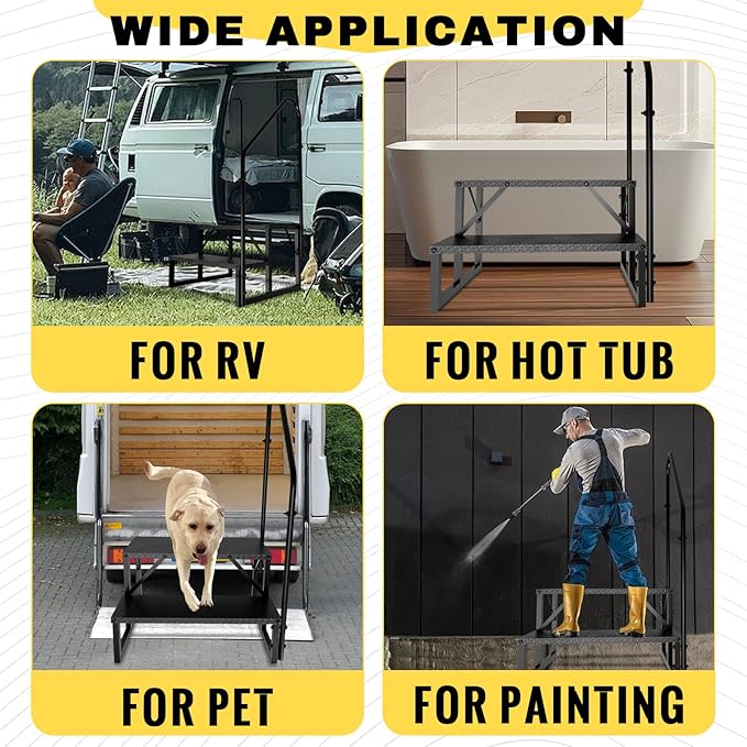 RV Steps with Handrail, Hot Tub Steps Outdoor, 2 Step Ladder Stool, RV Stairs with Anti-Slip Panel, Camper Steps for Spa, Travel Trailers, Pool and Porch