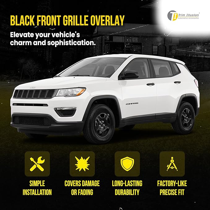 Gloss Black Chrome Delete Front Grille | Car Grille Cover | Grille Insert | Trim Overlay | Compatible with 2027-2021 Jeep Compass | ABS6478BLK