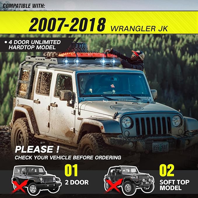 for JK JKU Hard Top Roof Rack Cargo Basket with Ladder & LED Light Bars Compatible with 2007-2018 Jeep Wrangler JK JKU 4 Door Hardtop, Cargo Carrier Rooftop Luggage Storage Holder