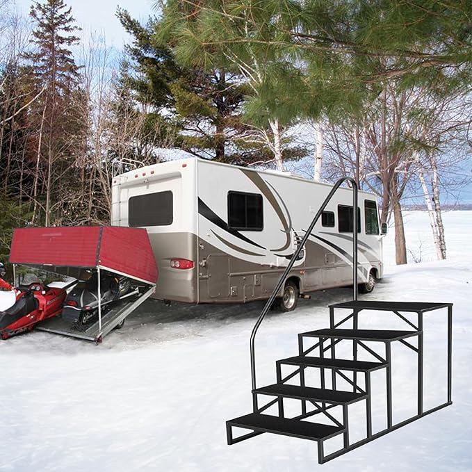 5 Step Stool Ladder, Hot Tub Steps with Anti-Slip Pedals and 2 Handrails, RV Stairs Outdoor, Heavy Duty Ladder for Travel Trailers Camper 5th Wheel RV Mobile Home Porch