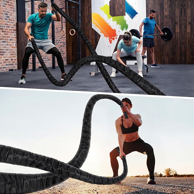 Battle Rope Workout Equipment 1.26 Inch Diameter 30FT Exercise Heavy Weighted Gym Battle Rope with Protective Cover Exercise Equipment Core Strength Training