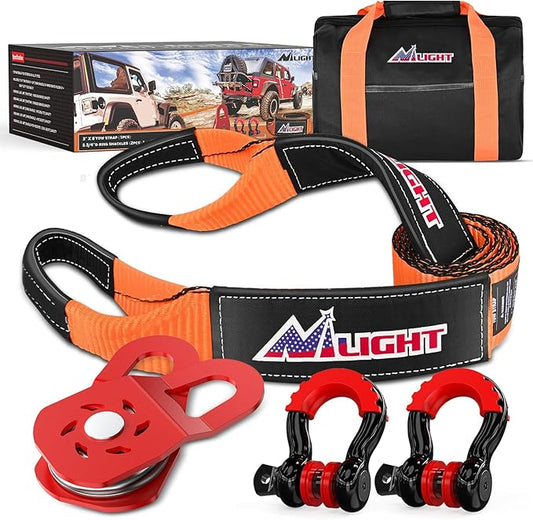 Nilight Offroad Recovery Kit 3" x 8' Tow Strap with Winch Snatch Block Pulley and 2Pcs 3/4" Anti-Theft D-Ring Shackles Storage Bag Heavy Duty Tow Rope for Car Truck SUV ATV (MBS 31500LBS)