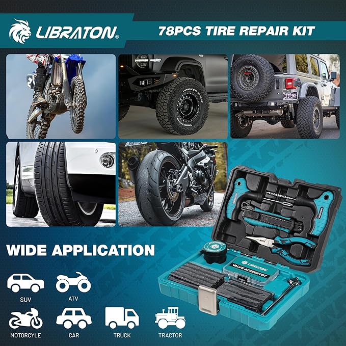 Libraton Tire Repair Kit, 78PCS Tire Plug Kit Heavy Duty Professional Repair Tools to Fix Punctures and Plug Patch Flats, Tubeless Tire Patch Kit for Car, Motorcycle, ATV, SUV, Truck, Tractor, Trailer
