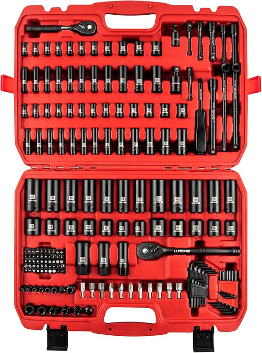 LLNDEI 1/4 & 3/8 Inch Drive Impact Socket Set, 186 Pieces Metric and Standard Full Sockets, CR-V Deep & Shallow Sockets Tool Set with Ratchet Wrench Handle, Spark Plug Socket, Bits for Mechanic