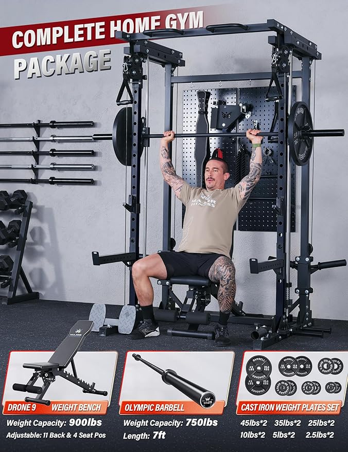 Major Fitness Drone3 Smith Machine – All-in-One Home Gym Squat Rack with Weight Bar, Cable Crossover Machine – Heavy-Duty Fitness Equipment for Strength Training and Full-Body Workouts