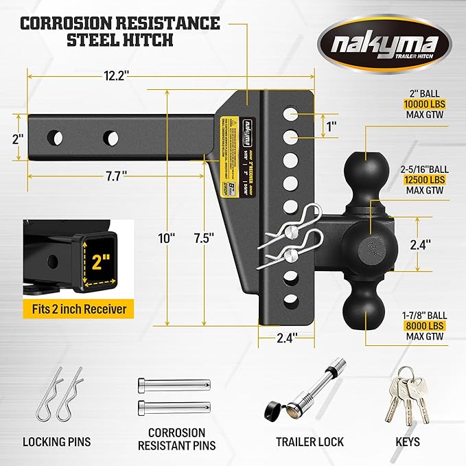 Adjustable Drop Hitch, 8 Inch Drop Trailer Hitch,Tri-Ball(1-7/8'', 2'', 2-5/16'') Hitch, Fits 2-Inch Receiver, Max 16,500 LBS GTW-Truck Trailer Hitch with Double Anti-Theft Pins Locks