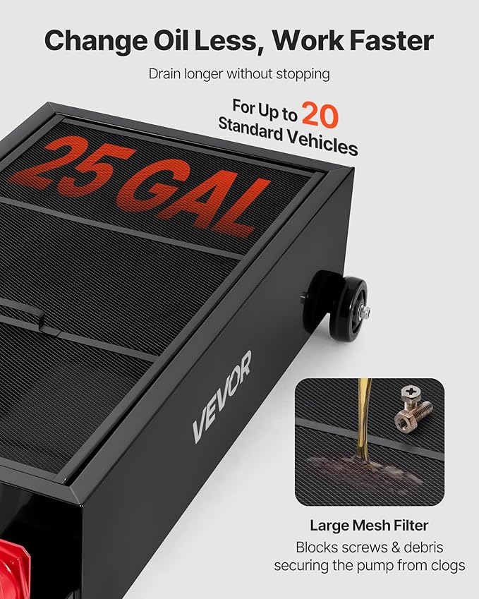 VEVOR Low Profile Oil Drain Pan, 25 Gallon Capacity, Rolling Oil Drain Pan with Manual Pump, 7.2 ft Hose & T Folding Handle, Leak-Proof & Corrosion-Resistant, Fit for Cars, SUVs, Trucks, ATVs, Black