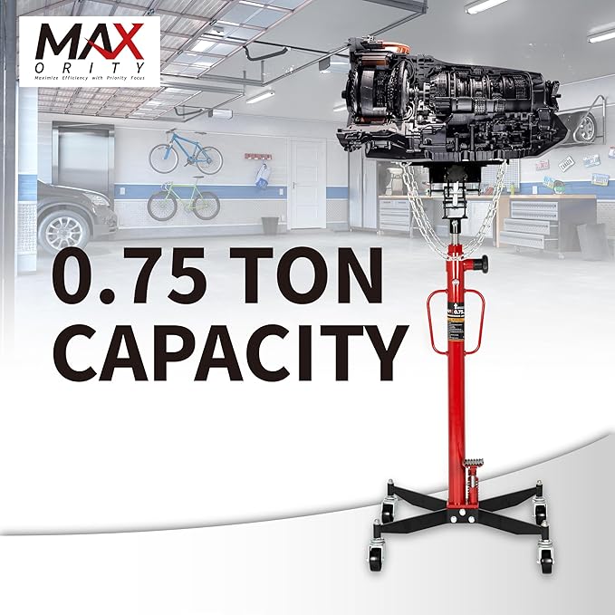 0.75 Ton (1660 lbs) Hydraulic Telescoping Transmission Jack with 360° Swivel Wheels, Foldable Foot Pedal, Adjustable Garage/Shop Lift Hoist for Auto Repair & Vehicle Maintenance