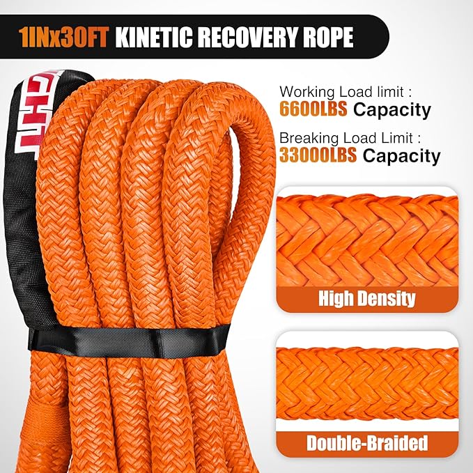 Nilight Kinetic Recovery Rope 33000 LBS 1" x 30ft Snatch Strap Heavy Duty Offroad Towing Starp Kit Vehicle Recovery kit for UTV ATV SUV Truck Car Jeep Tractor