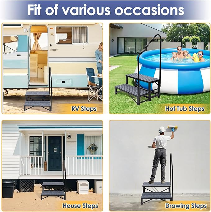 2-Step RV Steps with 1 Handrail, Heavy-Duty RV Stairs for Camper, Hot Tub, Trailer & Porch with Non-Slip Mats