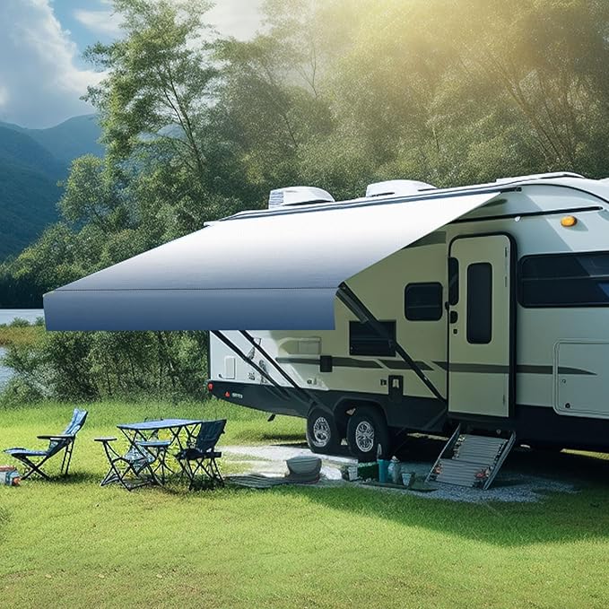 RV Awning Fabric Replacement,18.5oz Heavy-Duty Vinyl Camper Awning Replacement,RV Canopy Replacement,Trailer Awning Universal for Camper Travel Trailers,Bule Fade 10'(Fabric 9'2")