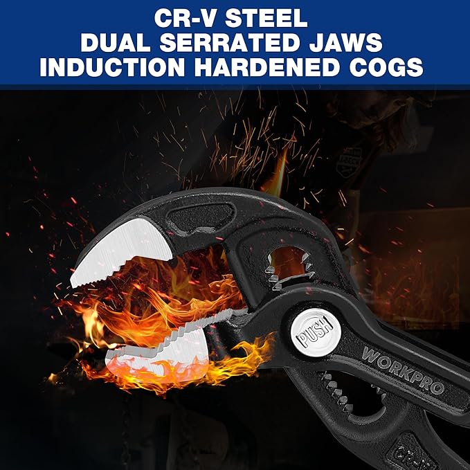 WORKPRO Groove Joint Pliers, 7" Water Pump Pliers, Upgraded 42mm Wide Opening, V-Jaw Tongue and Groove Plier for Home and Industrial Repair, CR-V, Dual Serrated, Quick Adjustable