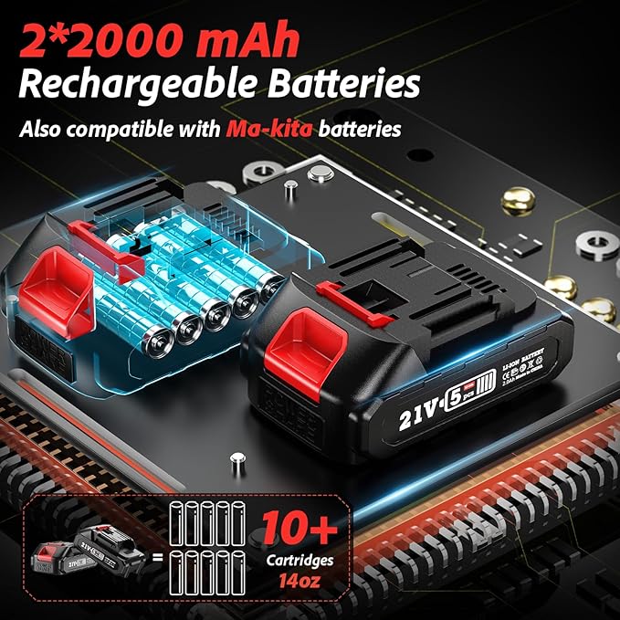 Electric Grease Gun Cordless10000 PSI, Grease Gun Kit with 2×2.0Ah Batteries & Charger, 39.4" Flexible Hose & LED Light for Tractors Trucks Trailers Heavy Equipment Maintenance (Red)